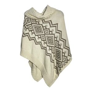 Sonoma Life Style Women Poncho Sweater L XL Cream Brown Geometric Aztec CowlNeck